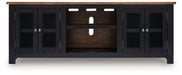 Wildenauer XL TV stand by Signature Design Ashley with fireplace option, in brown and black wood finish, featuring storage cabinets.