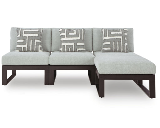Signature Design by Ashley Beachloft outdoor sectional set with four stationary sectional pieces, featuring weather-resistant cushions.