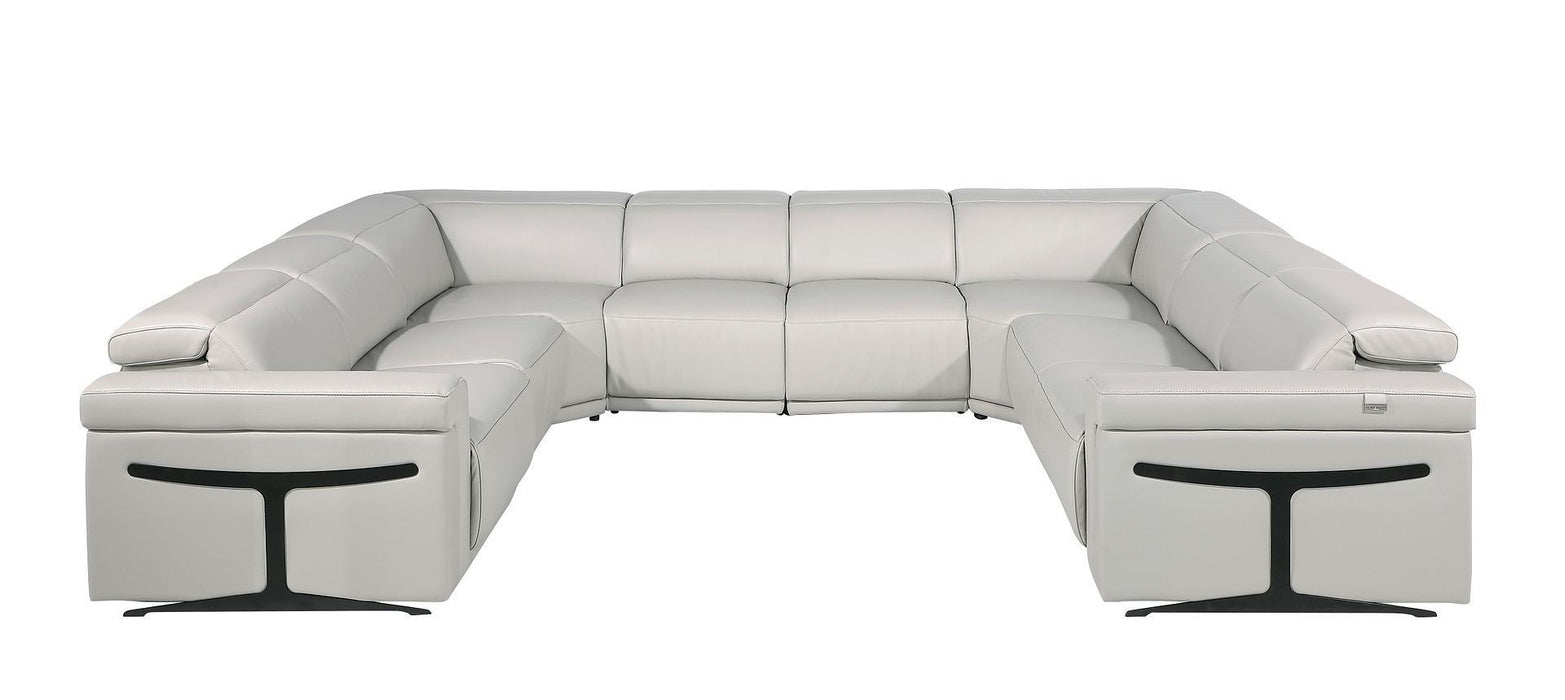 Italian Leather Power Reclining U Shaped Eight Piece Corner Sectional With Console - Light Gray