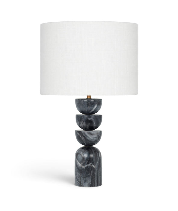 Meridian Furniture Opus table lamp with genuine marble base, linen textured fabric shade, and brass accents.