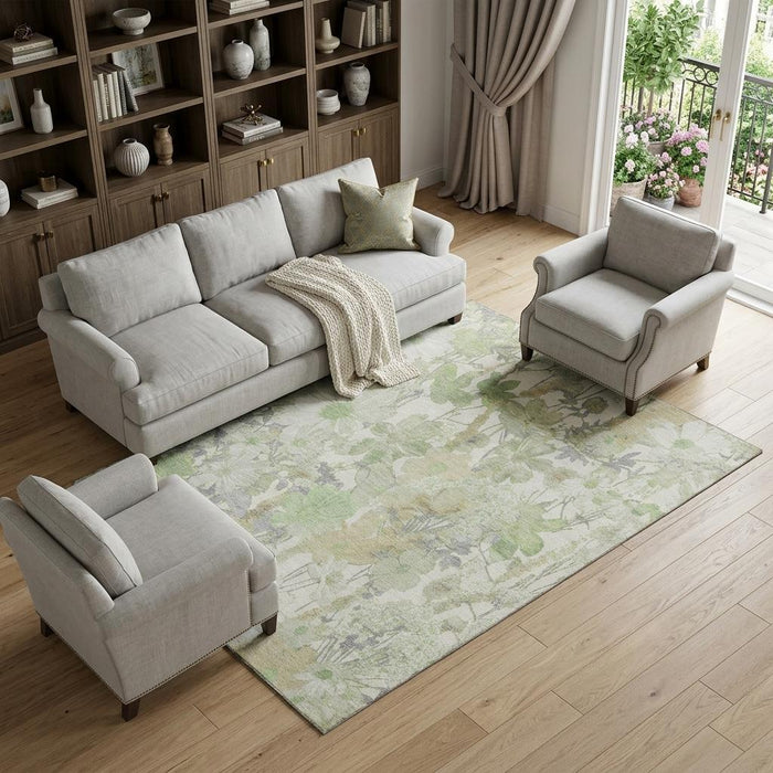 10' X 14' Floral Washable Area Rug With UV Protection (694098) - Artichoke Green / Ivory / Lavender