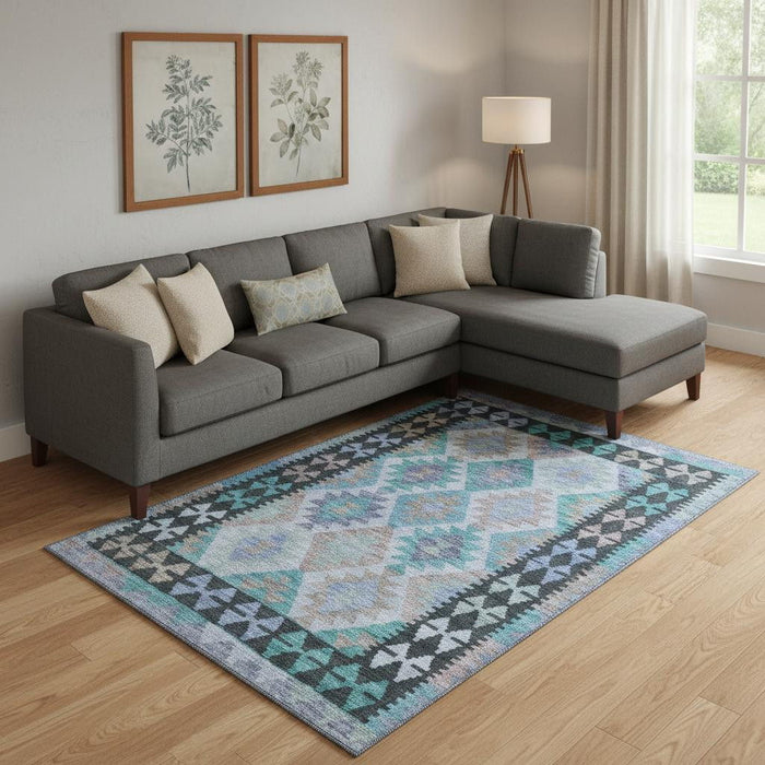 10' X 14' Tribal Washable Area Rug With UV Protection (707977) - Teal / Charcoal