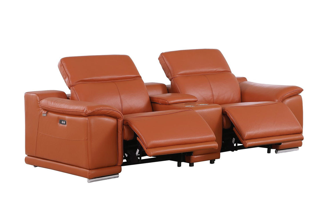 Italian Leather Power Reclining Loveseat With Storage - Orange / Silver