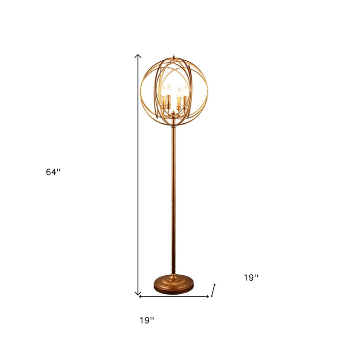 Four Light Floor Lamp With Modern Gold Geometric Globe Shade - Gold