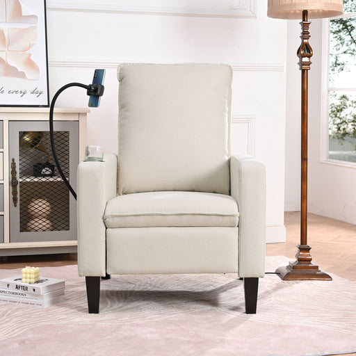 Giga fabric recliner chair for adults with mobile phone and cup holders, modern push-back design for living room or bedroom.