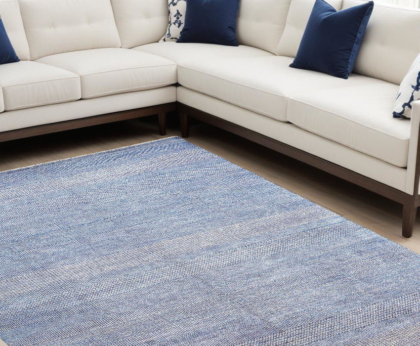 12' x 15' Wool Striped Shag Hand Knotted Area Rug - Blue And Ivory