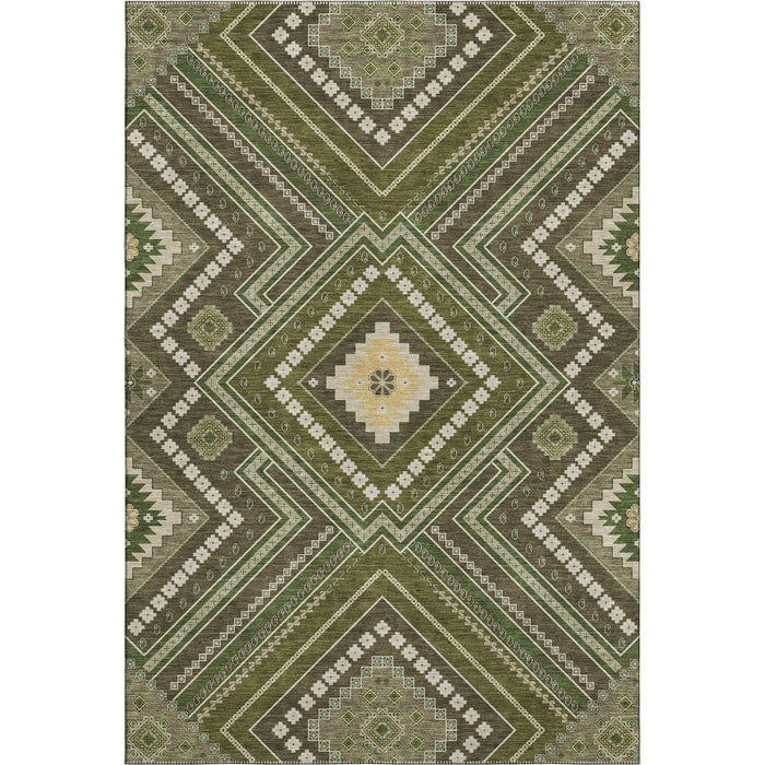 10' X 14' Tribal Washable Area Rug With UV Protection (679306) - Olive Green / Ivory / Brown