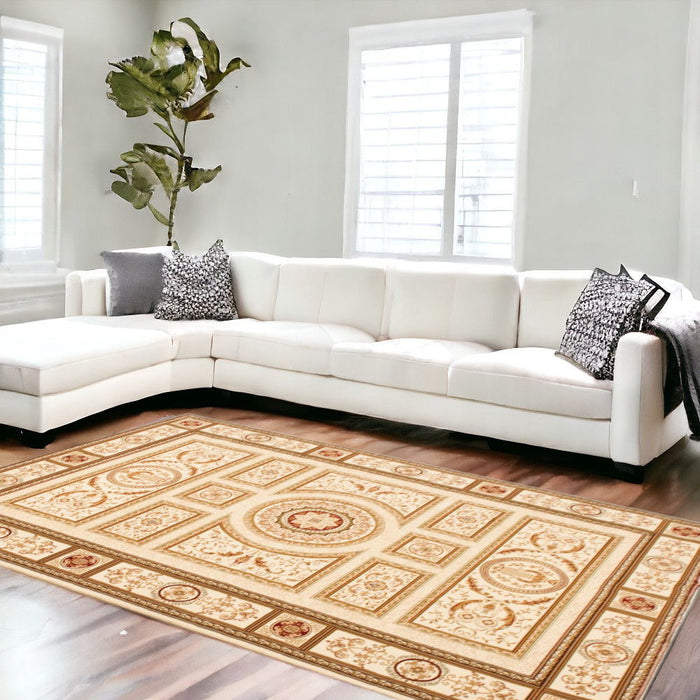 9.8' x 13.3' Oriental Washable Non Skid Area Rug - Beige And Ivory