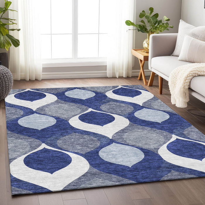 10' X 14' Ogee Washable Area Rug With UV Protection - Navy Blue