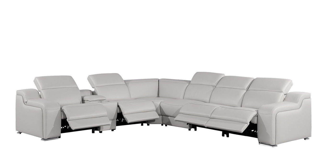 Italian Leather Power Reclining Curved Seven Piece Corner Sectional With Console - Light Gray