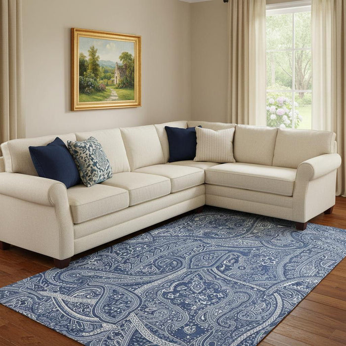 8' X 10' Paisley Washable Area Rug With UV Protection (652657) - Navy Blue / Ivory