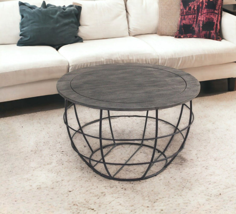Wash Solid Wood And Cast Iron Round Distressed Coffee Table - Gray
