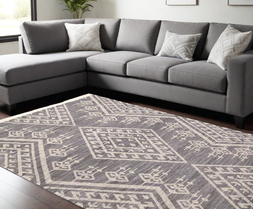 9' x 12' Wool Geometric Dhurrie Flatweave Handmade Area Rug With Fringe - Gray Ivory And Blue