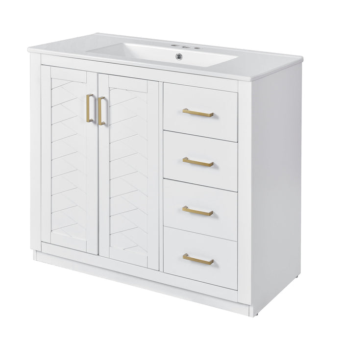 Giga bathroom vanity with sink, freestanding set featuring three drawers and soft-closing doors, including storage cabinet.