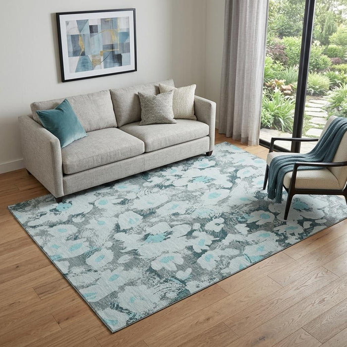 5' X 8' Floral Washable Area Rug With UV Protection (648174) - Teal / Gray / Ivory
