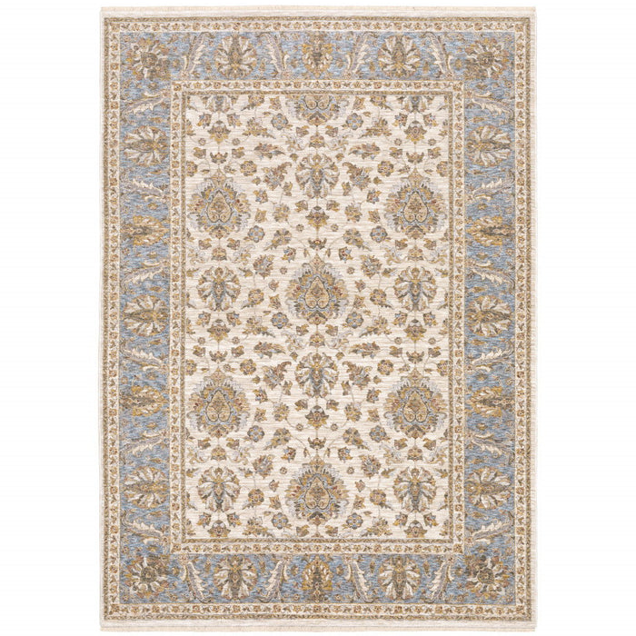 6' x 9' Oriental Power Loom Stain Resistant Area Rug With Fringe - Ivory And Blue