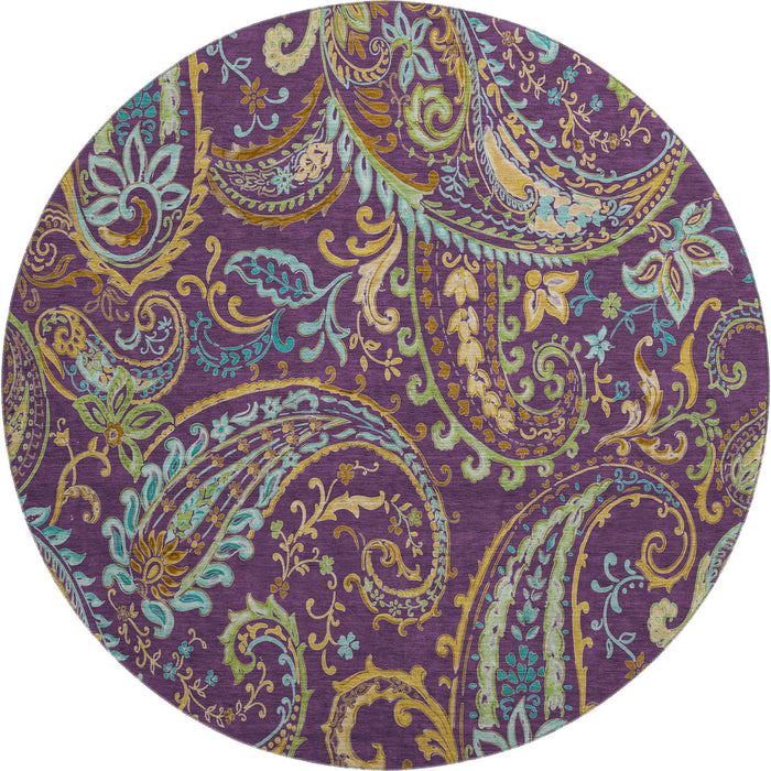 8' Paisley Washable Round Rug With UV Protection (647995) - Purple / Green / Blue