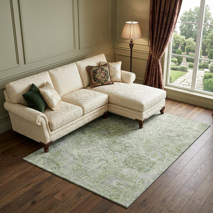 10' X 14' Damask Washable Area Rug With UV Protection (684334) - Mint Green / Gray / Ivory