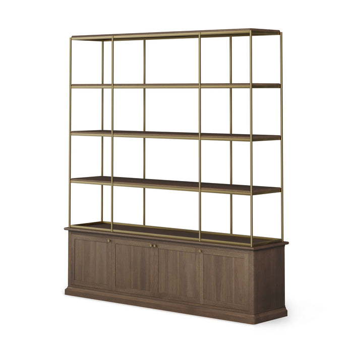 Four Tier Bookcase With Four Doors - Antiqued Brass / Brown