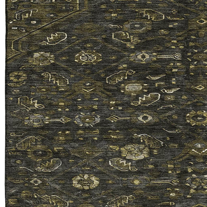 10' X 14' Floral Washable Area Rug With UV Protection (691788) - Charcoal / Olive Green / Silver