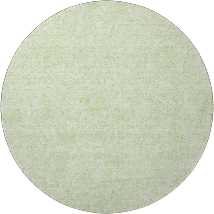 8' Floral Washable Round Rug With UV Protection - Artichoke Green And Ivory
