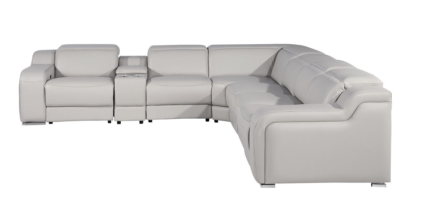 Italian Leather Power Reclining Curved 7 Piece Corner Sectional With Console - Light Gray