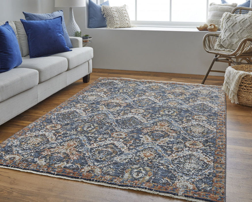 12' x 15' Floral Power Loom Area Rug With Fringe - Blue Orange And Ivory