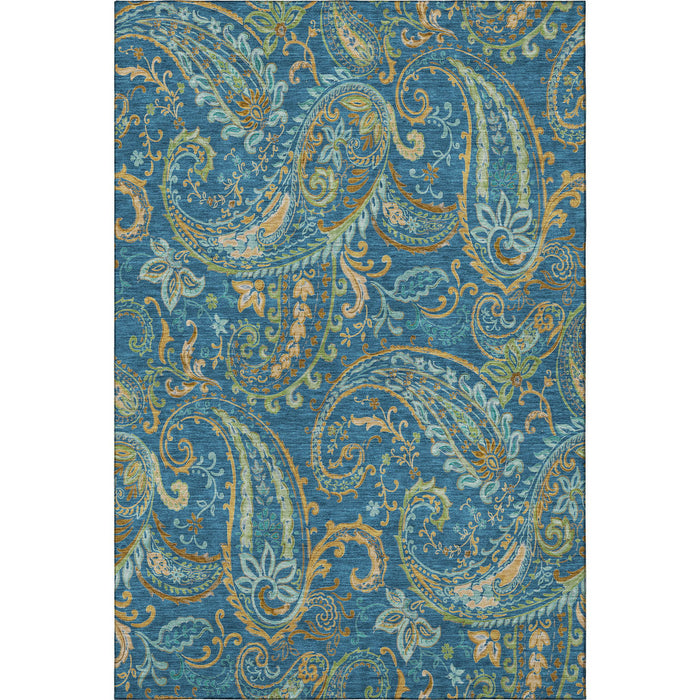 9' X 12' Paisley Distressed Washable Area Rug With UV Protection (647985) - Navy Blue / Green / Gold