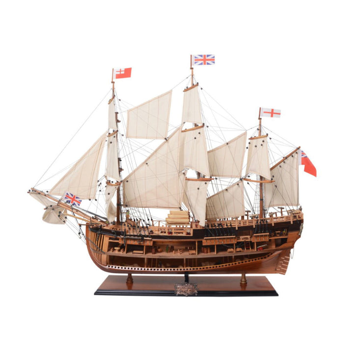 Hand Painted HMS Endeavour 1768 Open Hull Model Boat - Brown