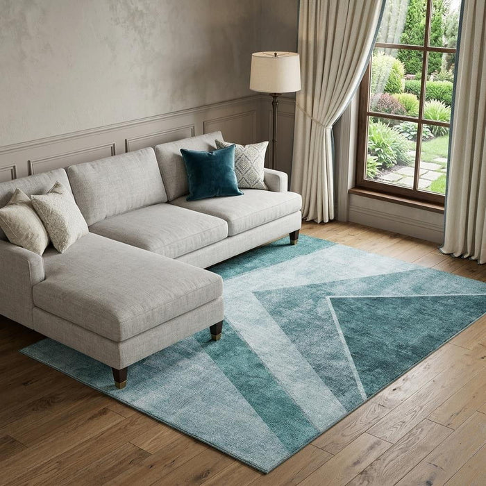 8' X 10' Geometric Washable Area Rug With UV Protection (655577) - Teal / Ivory