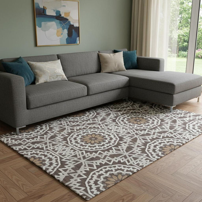 8' X 10' Geometric Washable Area Rug With UV Protection (652213) - Chocolate / Ivory