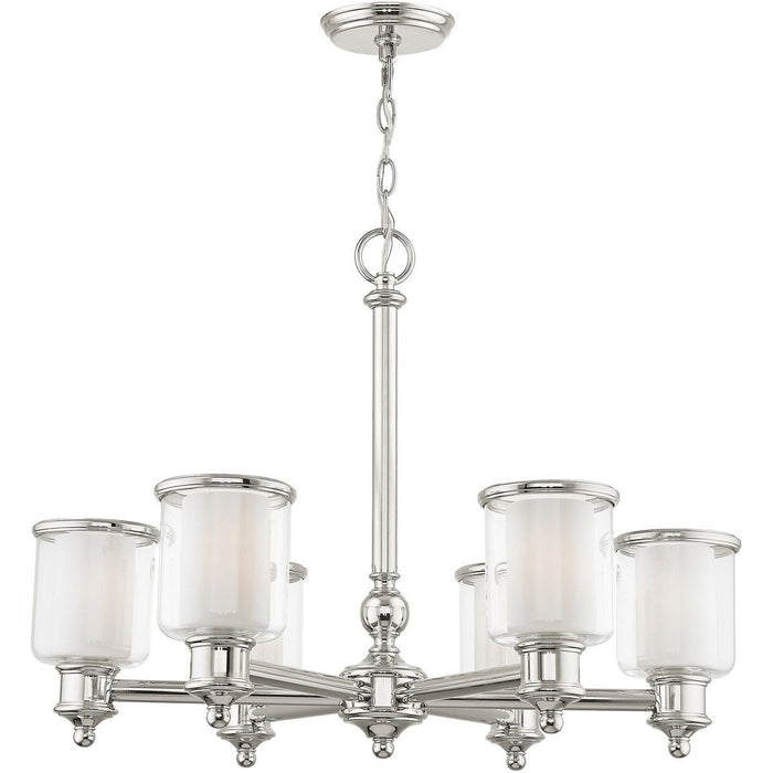 Six-light metal chandelier with shades in nickel, clear, and opal glass, featuring a modern dimmable design by HomeRoots.