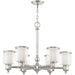Six-light metal chandelier with shades in nickel, clear, and opal glass, featuring a modern dimmable design by HomeRoots.