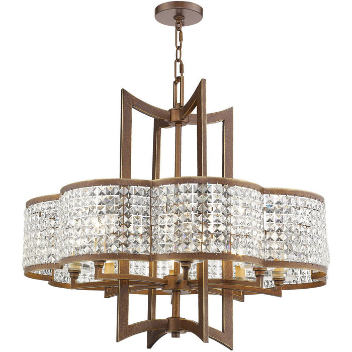 HomeRoots 27-inch bronze metal chandelier with eight lights and clear shades, dimmable for elegant lighting.