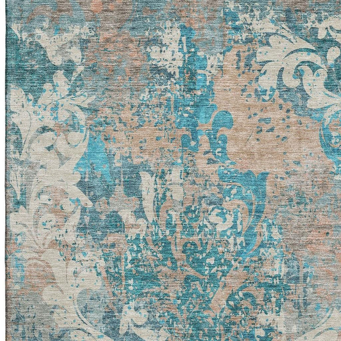 10' X 14' Damask Washable Area Rug With UV Protection (674383) - Teal / Beige / Taupe