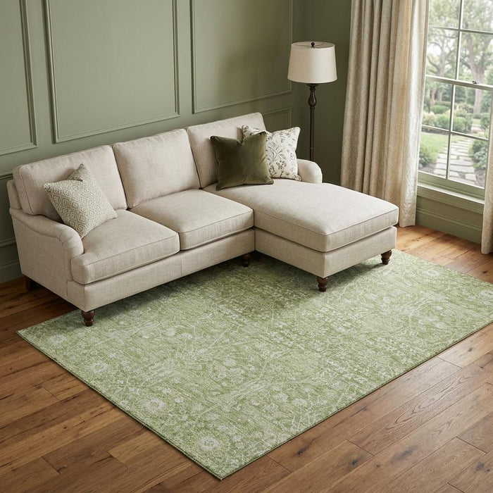 10' X 14' Floral Washable Area Rug With UV Protection (686006) - Artichoke Green / Beige