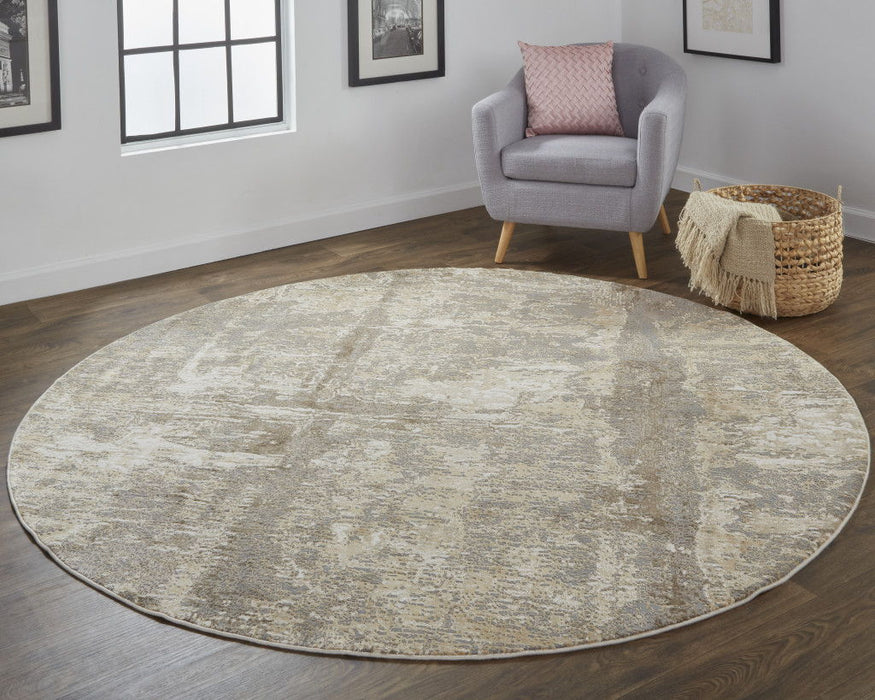 7.8' x 7.8' Round Abstract Area Rug - Tan Ivory And Brown