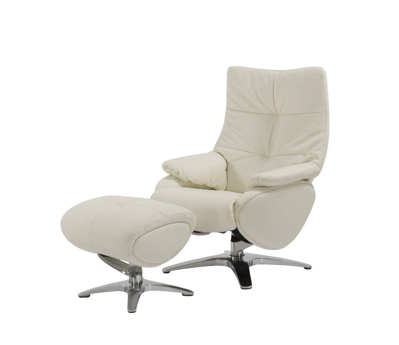 White genuine leather HomeRoots tufted swivel recliner with matching ottoman, featuring manual reclining and plush cushioning.