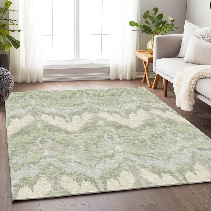 9' X 12' Ikat Washable Area Rug With UV Protection - Artichoke Green And Ivory