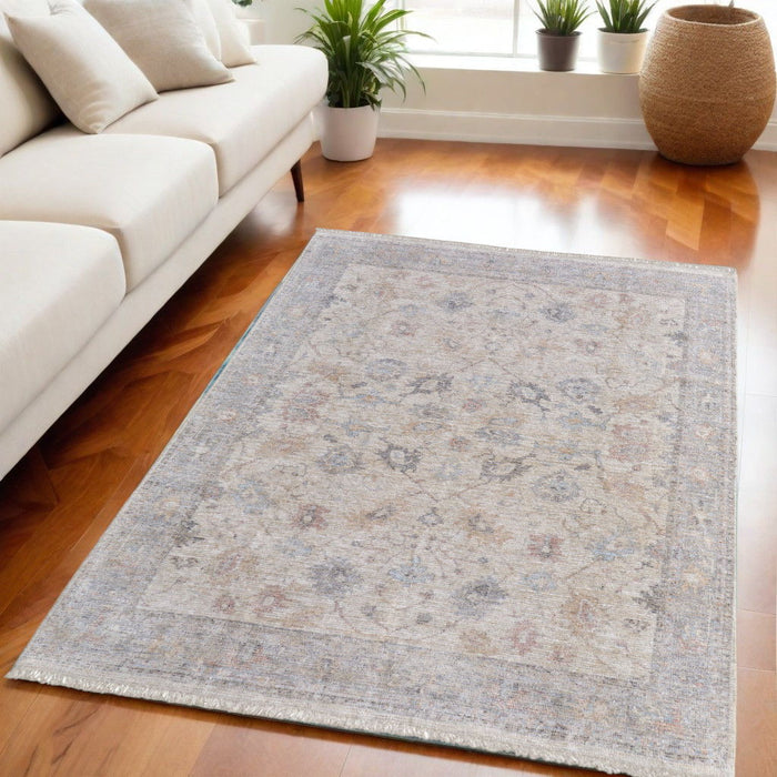 5' X 8' Floral Hand Woven Distressed Area Rug With Fringe - Ivory