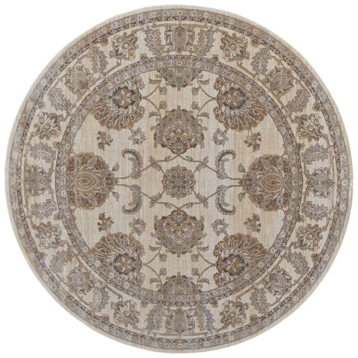 7.8' x 7.8' Round Oriental Power Loom Distressed Area Rug - Ivory And Brown