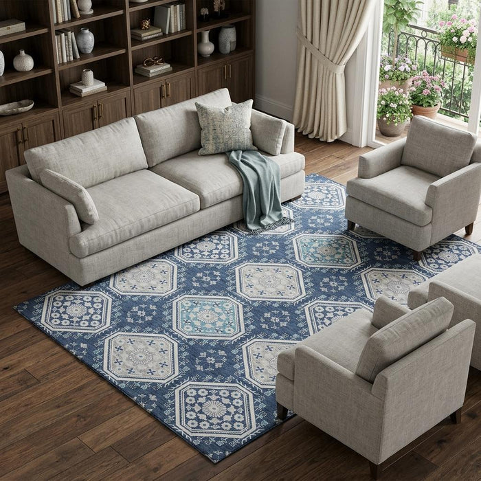 10' X 14' Floral Washable Area Rug With UV Protection (693744) - Navy Blue / Ivory