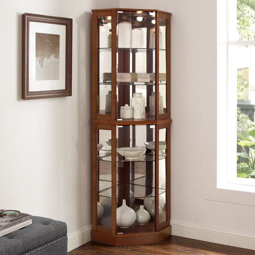 Giga 6-shelf corner curio cabinet with built-in lights, mirrors, and adjustable shelves for displaying collectibles and decorative items