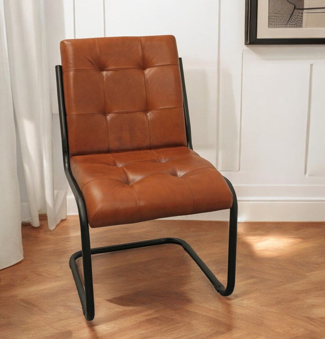 Tufted Upholstered Leather Dining Side Chair - Black / Cinnamon
