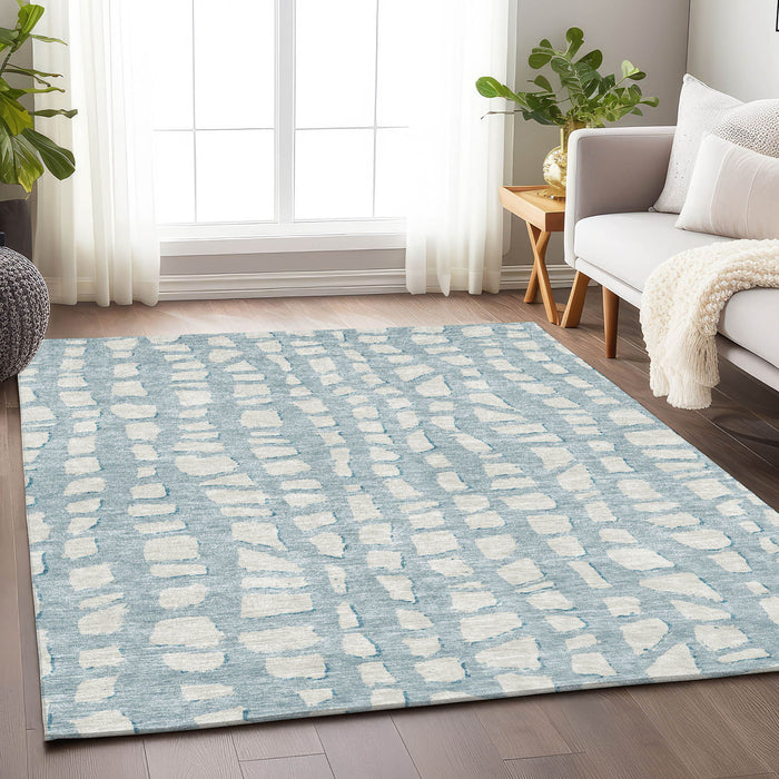 10' X 14' Cobblestone Washable Area Rug With UV Protection - Sky Blue And Ivory