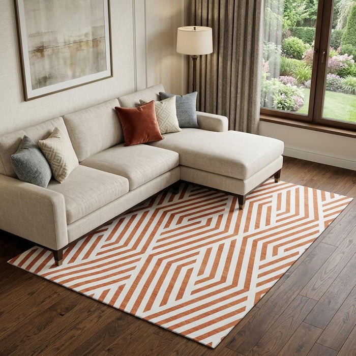 9' X 12' Geometric Washable Area Rug With UV Protection (648579) - Rust / Ivory