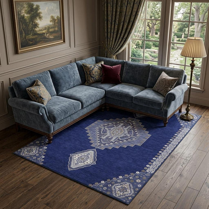 10' X 14' Oriental Washable Area Rug With UV Protection (679588) - Navy Blue / Ivory / Gray