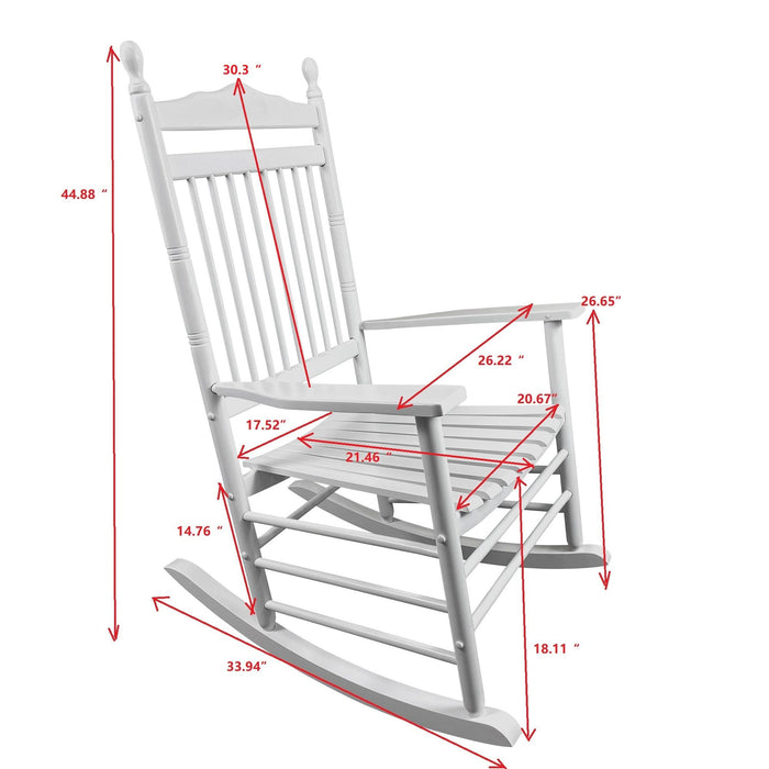 Giga wooden balcony porch adult rocking chair with curved armrests and slatted back for outdoor relaxation.