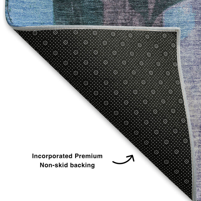 10' X 14' Floral Washable Area Rug With UV Protection (706391) - Denim Blue / Lavender