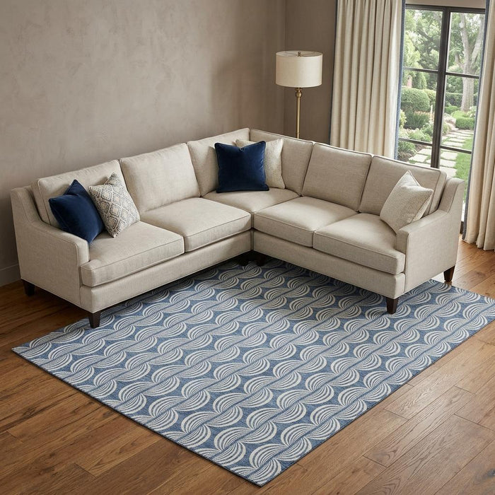 10' X 14' Ogee Washable Area Rug With UV Protection (682703) - Denim Blue / Ivory / Gray
